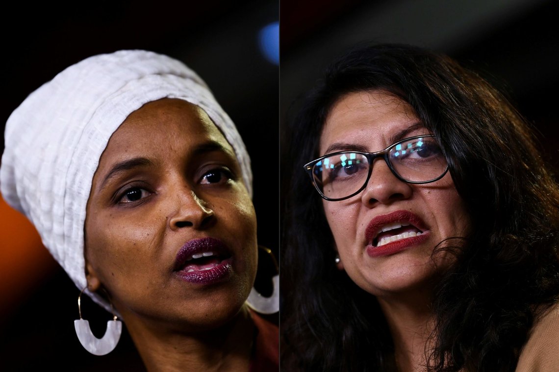 (COMBO) This combination of pictures created on August 15, 2019 shows Democrat US Representatives Ilhan Abdullahi Omar (L) and Rashida Tlaib during a press conference, to address remarks made by US President Donald Trump earlier in the day, at the US Capitol in Washington, DC on July 15, 2019. - Influential US pro-Israel lobby AIPAC on August 15, 2019 opposed Prime Minister Benjamin Netanyahu's decision to bar two Muslim American members of Congress from visiting the Jewish state."We disagree with Reps. Omar and Tlaib's support for the anti-Israel and anti-peace BDS movement, along with Rep. Tlaib's calls for a one-state solution," the American Israel Public Affairs Committee tweeted, referring to House Democrats Ilhan Omar and Rashida Tlaib, who support a boycott of Israel. (Photos by Brendan Smialowski / AFP) (COMBO) This combination of pictures created on August 15, 2019 shows Democrat US Representatives Ilhan Abdullahi Omar (L) and Rashida Tlaib during a press conference, to address remarks made by US President Donald Trump earlier in the day, at the US Capitol in Washington, DC on July 15, 2019. - Influential US pro-Israel lobby AIPAC on August 15, 2019 opposed Prime Minister Benjamin Netanyahu's decision to bar two Muslim American members of Congress from visiting the Jewish state."We disagree with Reps. Omar and Tlaib's support for the anti-Israel and anti-peace BDS movement, along with Rep. Tlaib's calls for a one-state solution," the American Israel Public Affairs Committee tweeted, referring to House Democrats Ilhan Omar and Rashida Tlaib, who support a boycott of Israel. (Photos by Brendan Smialowski / AFP)