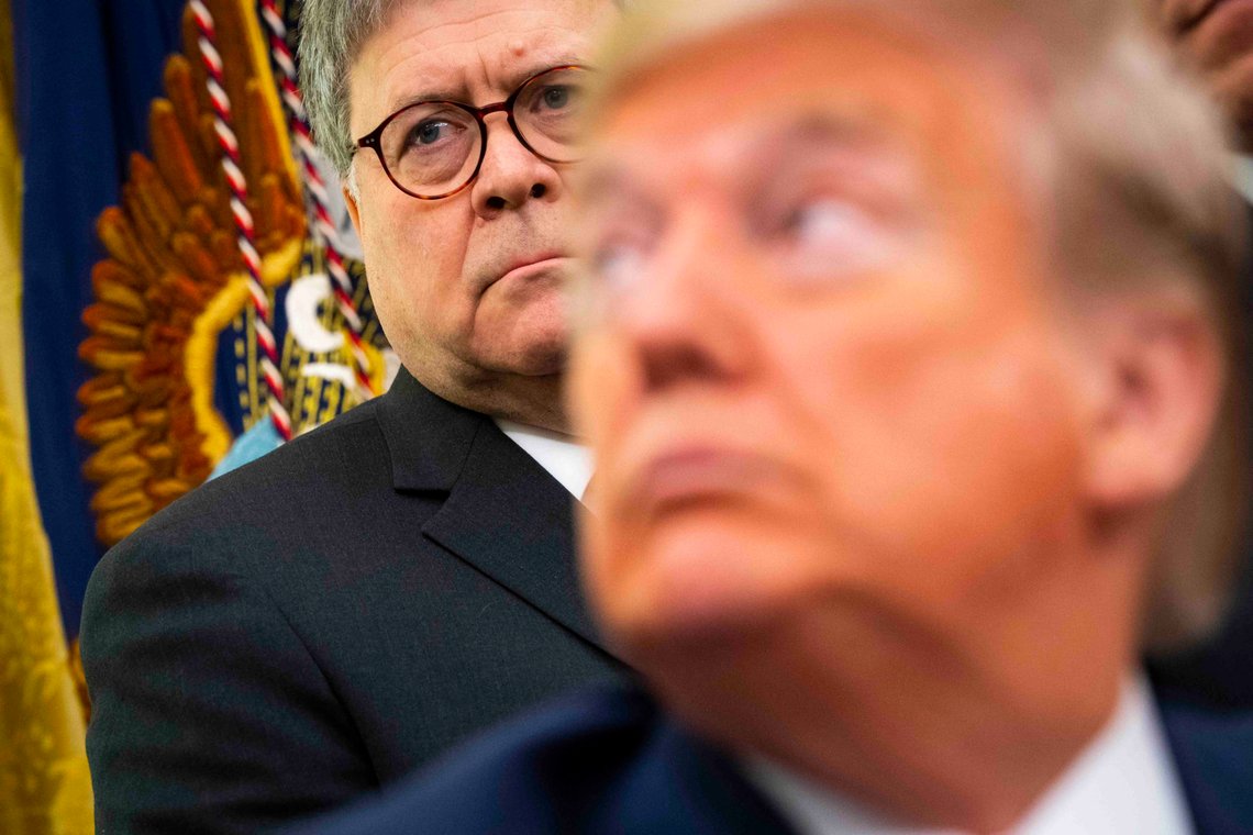 FILE -- Attorney General William Barr with President Donald Trump during a signing ceremony at the White House in Washington, Nov. 26, 2019. Barr has eagerly embraced the most divisive and disputed aspects of the Trump agenda, much to the delight of the partyÕs hard-line conservatives who see him as an indispensable ally in their fight to push the country further to the right. (Doug Mills/The New York Times) FILE -- Attorney General William Barr with President Donald Trump during a signing ceremony at the White House in Washington, Nov. 26, 2019. Barr has eagerly embraced the most divisive and disputed aspects of the Trump agenda, much to the delight of the partyÕs hard-line conservatives who see him as an indispensable ally in their fight to push the country further to the right. (Doug Mills/The New York Times)