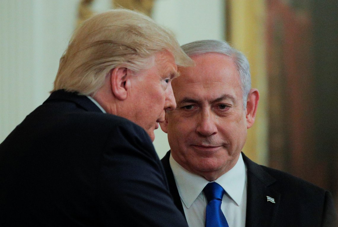 U.S. President Donald Trump and Israel's Prime Minister Benjamin Netanyahu talk in the midst of a joint news conference on a new Middle East peace plan proposal in the East Room of the White House in Washington, U.S., January 28, 2020. REUTERS/Brendan McDermid U.S. President Donald Trump and Israel's Prime Minister Benjamin Netanyahu talk in the midst of a joint news conference on a new Middle East peace plan proposal in the East Room of the White House in Washington, U.S., January 28, 2020. REUTERS/Brendan McDermid