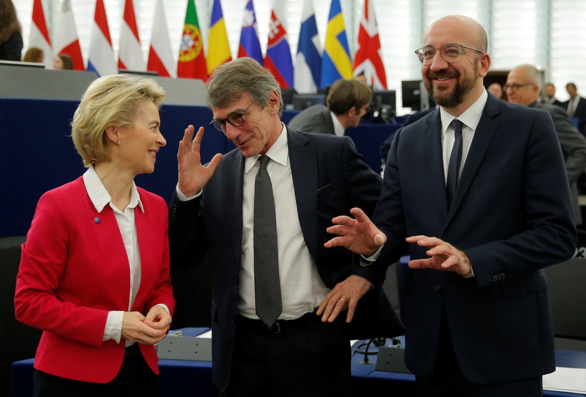 European Parliament President David-Maria Sassoli, European Commission President Ursula von der Leyen and European Council President Charles Michel pose after a debate to celebrate the 10th anniversary of the EU Lisbon treaty at the European Parliament in Strasbourg, France, December 18, 2019. REUTERS/Vincent Kessler European Parliament President David-Maria Sassoli, European Commission President Ursula von der Leyen and European Council President Charles Michel pose after a debate to celebrate the 10th anniversary of the EU Lisbon treaty at the European Parliament in Strasbourg, France, December 18, 2019. REUTERS/Vincent Kessler