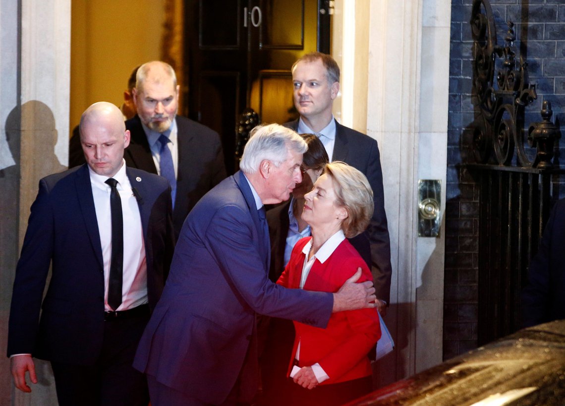 European Union's chief Brexit negotiator Michel Barnier embraces European Commission President Ursula von der Leyen after her meeting with Britain's Prime Minister Boris Johnson (not pictured) in London, Britain, January 8, 2020. REUTERS/Henry Nicholls European Union's chief Brexit negotiator Michel Barnier embraces European Commission President Ursula von der Leyen after her meeting with Britain's Prime Minister Boris Johnson (not pictured) in London, Britain, January 8, 2020. REUTERS/Henry Nicholls