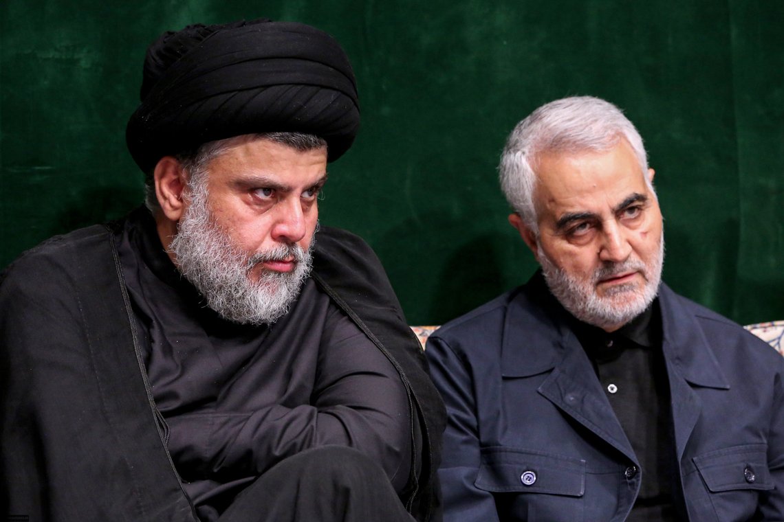 A handout picture provided by the office of Iran's Supreme Leader Ayatollah Ali Khamenei on September 10, 2019 shows Iraqi Shiite cleric, politician, and militia leader Muqtada al-Sadr (L) sitting alongside Qasem Soleimani, Iranian Revolutionary Guards Corps (IRGC) Lieutenant general and commander of the Quds Force, during a ceremony commemorating Ashura in the capital Tehran. - Ashura is commemorated by Shiite Muslims worldwide and marks the climax of mourning rituals in the Islamic month of Muharram for the 7th century killing of Imam Hussein, the grandson of Prophet Mohammed, in the Battle of Karbala in 680 AD. (Photo by - / KHAMENEI.IR / AFP) / === RESTRICTED TO EDITORIAL USE - MANDATORY CREDIT "AFP PHOTO / HO / KHAMENEI.IR" - NO MARKETING NO ADVERTISING CAMPAIGNS - DISTRIBUTED AS A SERVICE TO CLIENTS === A handout picture provided by the office of Iran's Supreme Leader Ayatollah Ali Khamenei on September 10, 2019 shows Iraqi Shiite cleric, politician, and militia leader Muqtada al-Sadr (L) sitting alongside Qasem Soleimani, Iranian Revolutionary Guards Corps (IRGC) Lieutenant general and commander of the Quds Force, during a ceremony commemorating Ashura in the capital Tehran. - Ashura is commemorated by Shiite Muslims worldwide and marks the climax of mourning rituals in the Islamic month of Muharram for the 7th century killing of Imam Hussein, the grandson of Prophet Mohammed, in the Battle of Karbala in 680 AD. (Photo by - / KHAMENEI.IR / AFP) / === RESTRICTED TO EDITORIAL USE - MANDATORY CREDIT "AFP PHOTO / HO / KHAMENEI.IR" - NO MARKETING NO ADVERTISING CAMPAIGNS - DISTRIBUTED AS A SERVICE TO CLIENTS ===