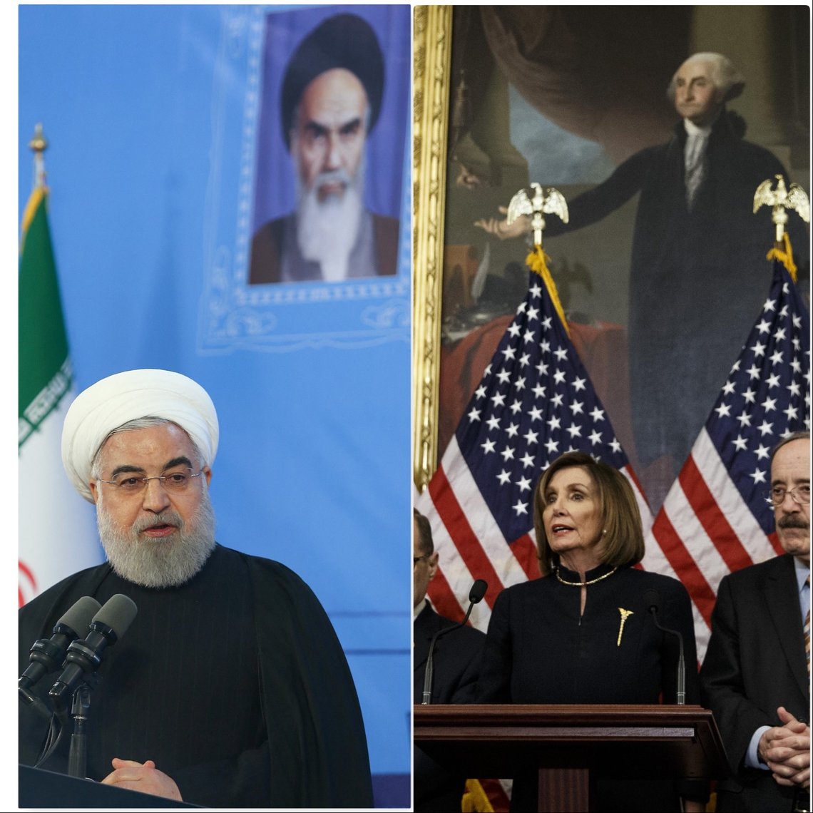 Billedmontasje ved document: Foto av Rouhani: Iranian Presidency Handout / Anadolu Agency/ABACAPRESS/NTB Scanpix. Foto av Pelosi: Ting Shen/Xinhua/Sipa/NTB Scanpix Billedmontasje ved document: Foto av Rouhani: Iranian Presidency Handout / Anadolu Agency/ABACAPRESS/NTB Scanpix. Foto av Pelosi: Ting Shen/Xinhua/Sipa/NTB Scanpix