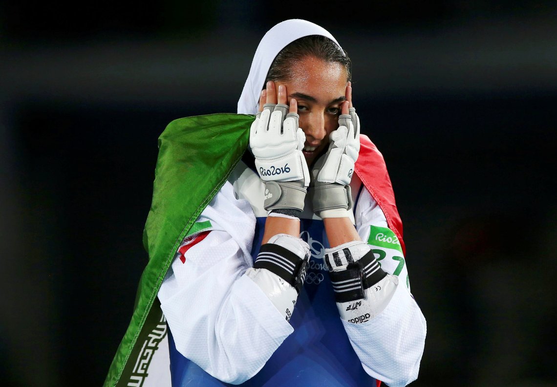 FILE PHOTO: 2016 Rio Olympics - Taekwondo - Women's -57kg Bronze Medal Finals - Carioca Arena 3 - Rio de Janeiro, Brazil - 18/08/2016. Kimia Alizadeh Zenoorin (IRI) of Iran celebrates. REUTERS/Peter Cziborra (BRAZIL - Tags: SPORT OLYMPICS SPORT TAEKWONDO TPX IMAGES OF THE DAY) FOR EDITORIAL USE ONLY. NOT FOR SALE FOR MARKETING OR ADVERTISING CAMPAIGNS./File Photo FILE PHOTO: 2016 Rio Olympics - Taekwondo - Women's -57kg Bronze Medal Finals - Carioca Arena 3 - Rio de Janeiro, Brazil - 18/08/2016. Kimia Alizadeh Zenoorin (IRI) of Iran celebrates. REUTERS/Peter Cziborra (BRAZIL - Tags: SPORT OLYMPICS SPORT TAEKWONDO TPX IMAGES OF THE DAY) FOR EDITORIAL USE ONLY. NOT FOR SALE FOR MARKETING OR ADVERTISING CAMPAIGNS./File Photo