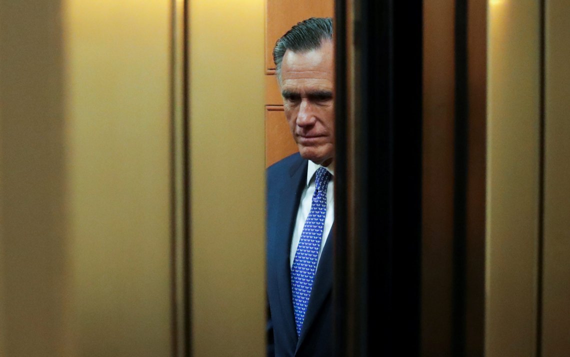 U.S. Senator Mitt Romney (R-UT) rides in a U.S. Capitol elevator to the U.S. Senate floor to cast a guilty vote during the final votes in the Senate impeachment trial of U.S. President Donald Trump on Capitol Hill in Washington, U.S., February 5, 2020. REUTERS/Jonathan Ernst U.S. Senator Mitt Romney (R-UT) rides in a U.S. Capitol elevator to the U.S. Senate floor to cast a guilty vote during the final votes in the Senate impeachment trial of U.S. President Donald Trump on Capitol Hill in Washington, U.S., February 5, 2020. REUTERS/Jonathan Ernst
