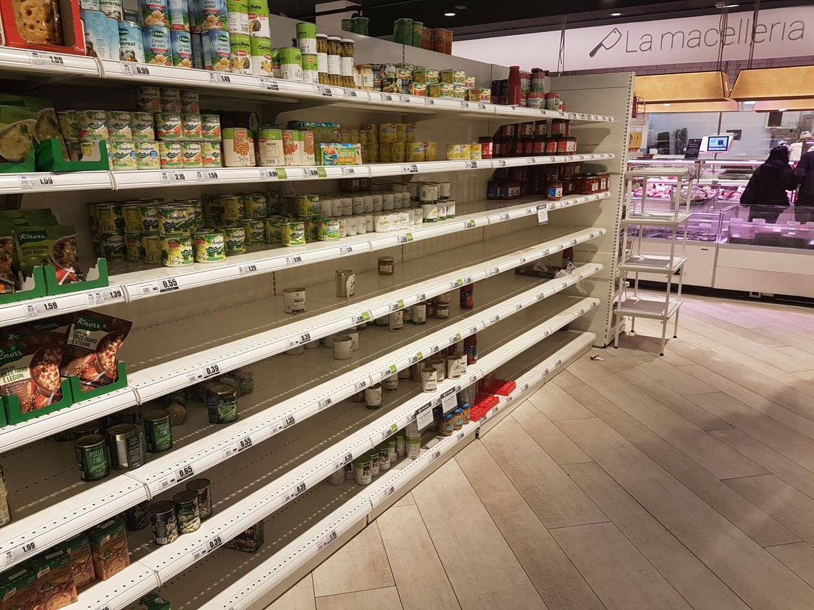 Empty shelves are pictured at supermarket in Milan, Italy, February 24, 2020 in this picture obtained from social media. TWITTER/@KEVINDAKQ via REUTERS THIS IMAGE HAS BEEN SUPPLIED BY A THIRD PARTY. MANDATORY CREDIT. Empty shelves are pictured at supermarket in Milan, Italy, February 24, 2020 in this picture obtained from social media. TWITTER/@KEVINDAKQ via REUTERS THIS IMAGE HAS BEEN SUPPLIED BY A THIRD PARTY. MANDATORY CREDIT.