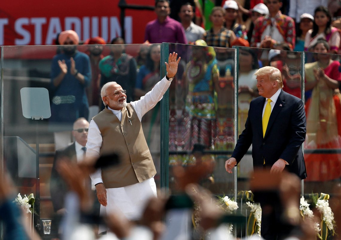 India's Prime Minister Narendra Modi waves next to U.S. President Donald Trump as they attend the "Namaste Trump" event at Sardar Patel Gujarat Stadium, in Ahmedabad, India, February 24, 2020. REUTERS/Francis Mascarenhas India's Prime Minister Narendra Modi waves next to U.S. President Donald Trump as they attend the "Namaste Trump" event at Sardar Patel Gujarat Stadium, in Ahmedabad, India, February 24, 2020. REUTERS/Francis Mascarenhas