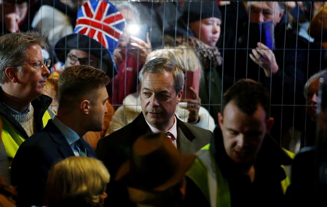Brexit Party leader, Nigel Farage arrives in Parliament Square to celebrate Britain leaving the EU on Brexit day in London, Britain January 31, 2020. REUTERS/Henry Nicholls Brexit Party leader, Nigel Farage arrives in Parliament Square to celebrate Britain leaving the EU on Brexit day in London, Britain January 31, 2020. REUTERS/Henry Nicholls