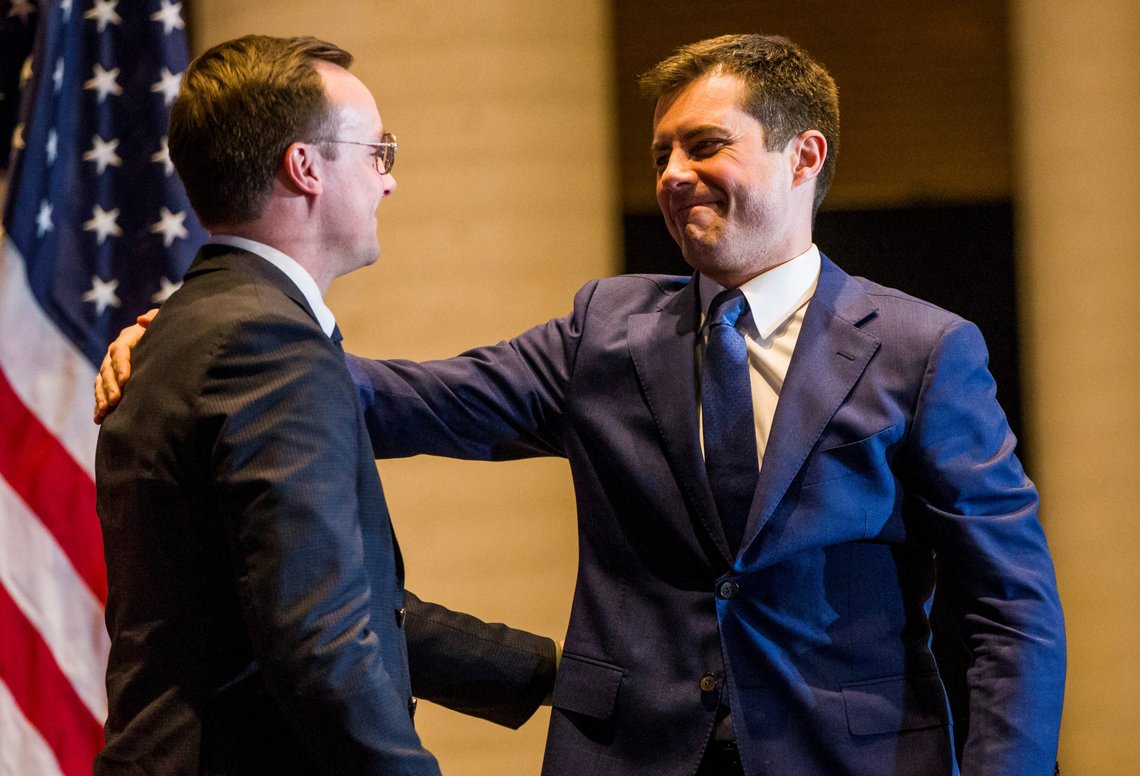 Democratic U.S. presidential candidate Pete Buttigieg hugs his husband Chasten Buttigieg as he arrives at the podium to announce his withdrawal from the race for the 2020 Democratic presidential nomination during an event in South Bend, Indiana, U.S., March 1, 2020. Mandatory Credit: Michael Caterina/South Bend Tribune via USA TODAY NETWORK via REUTERS Democratic U.S. presidential candidate Pete Buttigieg hugs his husband Chasten Buttigieg as he arrives at the podium to announce his withdrawal from the race for the 2020 Democratic presidential nomination during an event in South Bend, Indiana, U.S., March 1, 2020. Mandatory Credit: Michael Caterina/South Bend Tribune via USA TODAY NETWORK via REUTERS