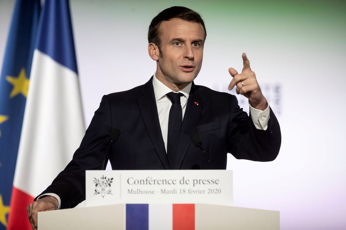 French President Emmanuel Macron gestures as he delivers a speech during a press conference, as a part of his visit in Mulhouse, France February 18, 2020. Jean-Francois Badias/Pool via REUTERS French President Emmanuel Macron gestures as he delivers a speech during a press conference, as a part of his visit in Mulhouse, France February 18, 2020. Jean-Francois Badias/Pool via REUTERS