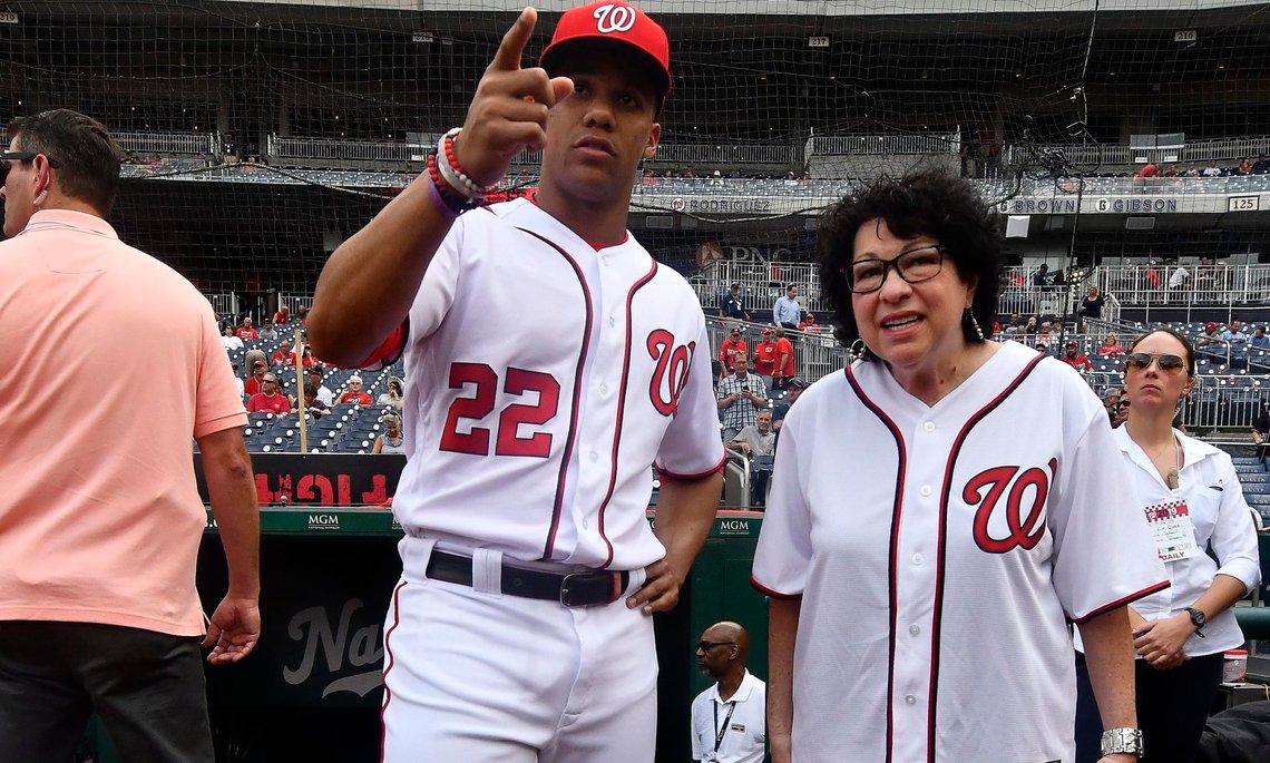 Sep 26, 2019; Washington, DC, USA; Supreme Court Associate Justice Sonia Sotomayer talks with Washington Nationals left fielder Juan Soto (22) before throwing out the ceremonial first pitch before the game between the Washington Nationals and the Philadelphia Phillies at Nationals Park. Mandatory Credit: Brad Mills-USA TODAY Sports Sep 26, 2019; Washington, DC, USA; Supreme Court Associate Justice Sonia Sotomayer talks with Washington Nationals left fielder Juan Soto (22) before throwing out the ceremonial first pitch before the game between the Washington Nationals and the Philadelphia Phillies at Nationals Park. Mandatory Credit: Brad Mills-USA TODAY Sports