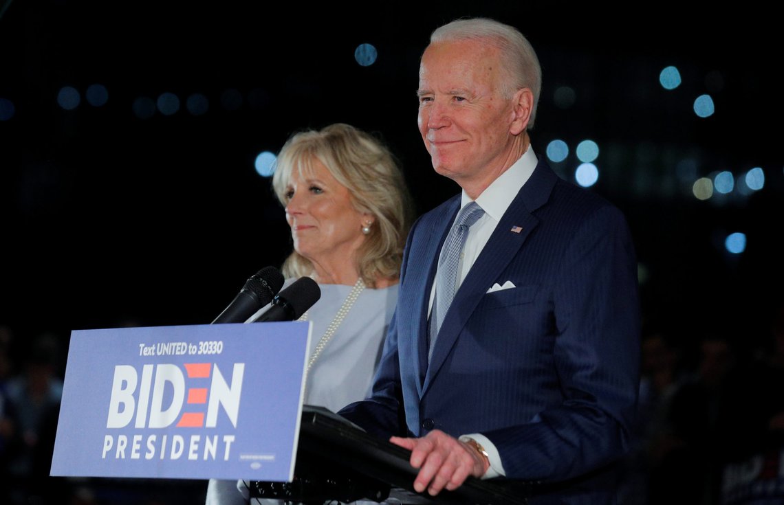 Democratic U.S. presidential candidate and former Vice President Joe Biden speaks with his wife Jill at his side during a primary night speech at The National Constitution Center in Philadelphia, Pennsylvania, U.S., March 10, 2020. REUTERS/Brendan McDermid Democratic U.S. presidential candidate and former Vice President Joe Biden speaks with his wife Jill at his side during a primary night speech at The National Constitution Center in Philadelphia, Pennsylvania, U.S., March 10, 2020. REUTERS/Brendan McDermid