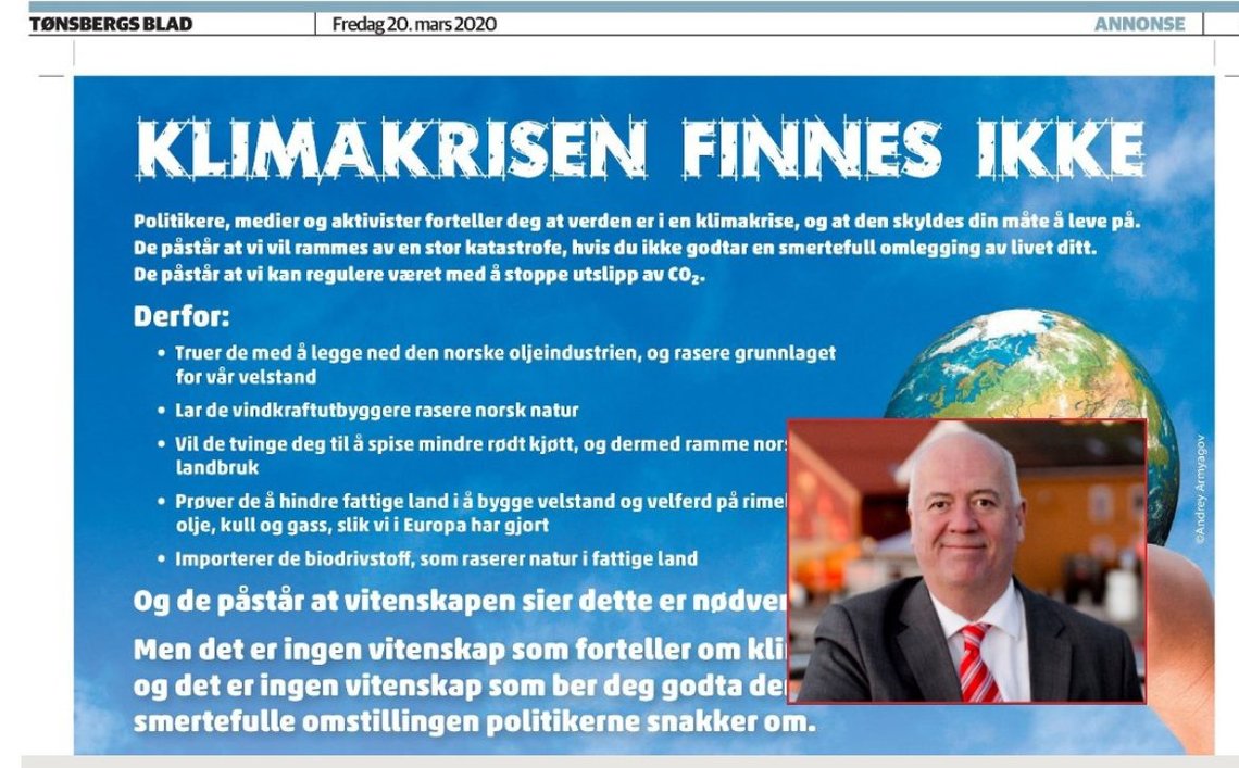 Skjermbilde av annonsen i Tønsberg Blad, etter redaksjonens klimahysterikerne hadde fått strammet opp klimakjetteren og Ansvarlig redaktør Sigmund Kydlands avgjørelse om at annonsen holdt seg innenfor norsk lov. Skjermbilde av annonsen i Tønsberg Blad, etter redaksjonens klimahysterikerne hadde fått strammet opp klimakjetteren og Ansvarlig redaktør Sigmund Kydlands avgjørelse om at annonsen holdt seg innenfor norsk lov.