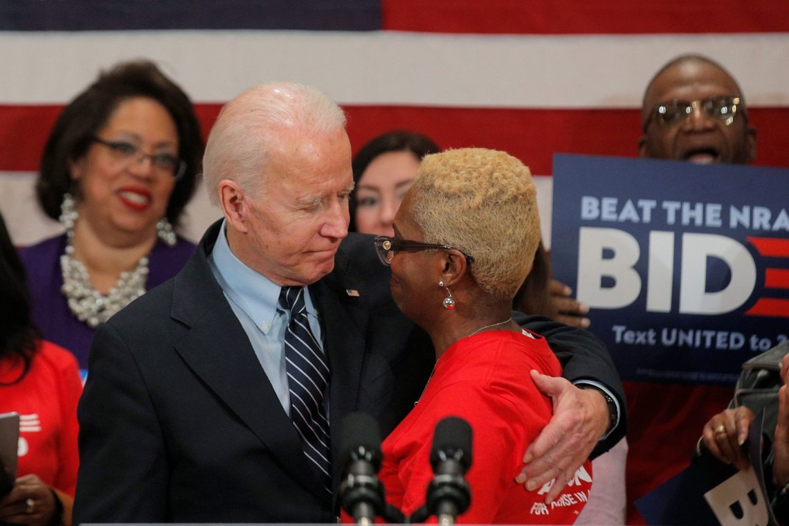Democratic U.S. presidential candidate and former Vice President Joe Biden embraces Crystal Turner, a victim of gun violence, during a campaign stop on gun violence in Columbus, Ohio, U.S., March 10, 2020. REUTERS/Brendan McDermid Democratic U.S. presidential candidate and former Vice President Joe Biden embraces Crystal Turner, a victim of gun violence, during a campaign stop on gun violence in Columbus, Ohio, U.S., March 10, 2020. REUTERS/Brendan McDermid