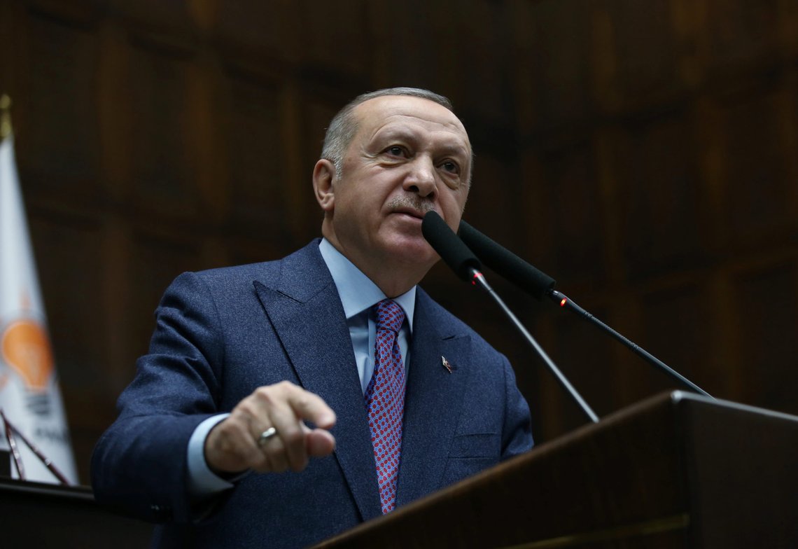 Turkish President Tayyip Erdogan addresses members of his ruling AK Party during a meeting at the Parliament in Ankara, Turkey, February 19, 2020. Turkish Presidential Press Office/Handout via REUTERS ATTENTION EDITORS - THIS PICTURE WAS PROVIDED BY A THIRD PARTY. NO RESALES. NO ARCHIVE Turkish President Tayyip Erdogan addresses members of his ruling AK Party during a meeting at the Parliament in Ankara, Turkey, February 19, 2020. Turkish Presidential Press Office/Handout via REUTERS ATTENTION EDITORS - THIS PICTURE WAS PROVIDED BY A THIRD PARTY. NO RESALES. NO ARCHIVE