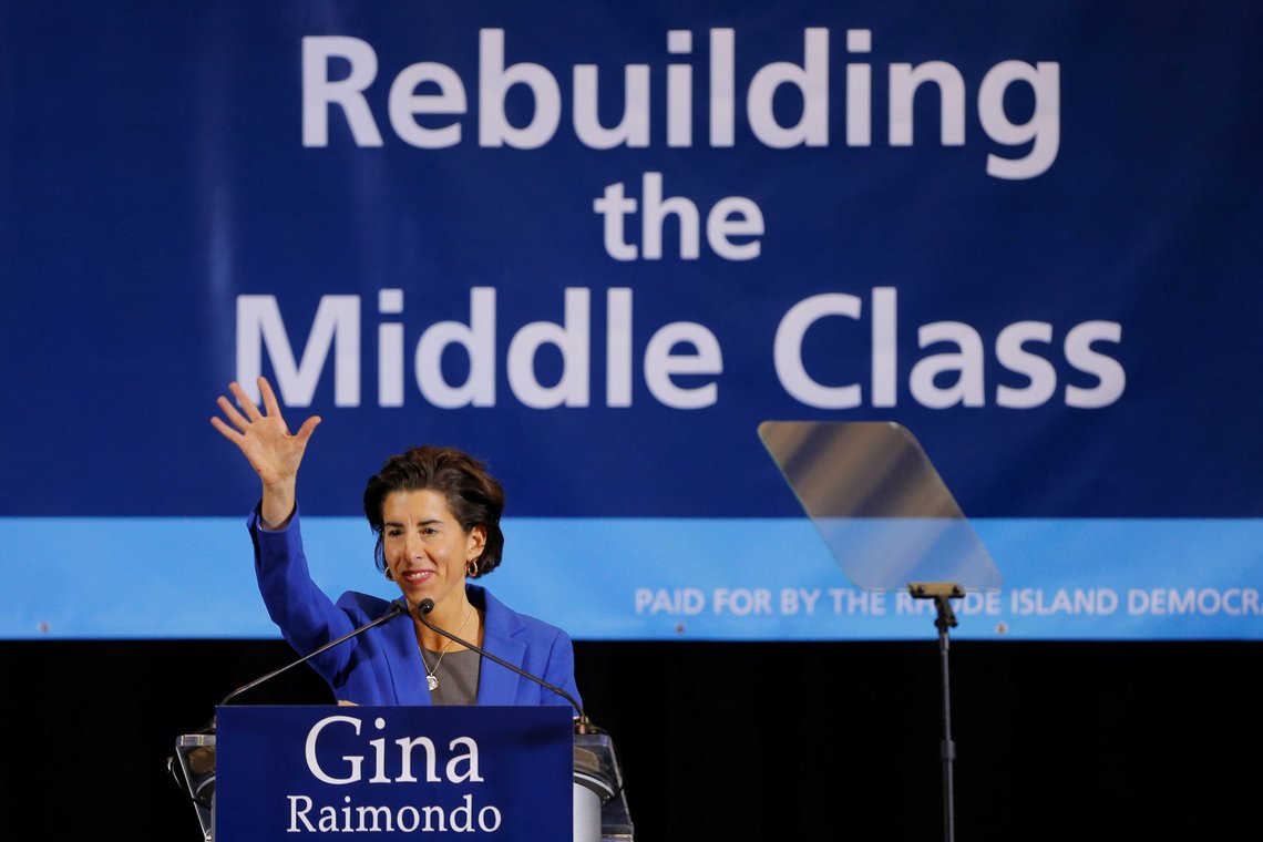 FILE PHOTO: Democratic candidate for Rhode Island Governor Gina Raimondo speaks at a campaign rally with United States first lady Michelle Obama in Providence, Rhode Island, U.S., October 30, 2014. REUTERS/Brian Snyder/File Photo FILE PHOTO: Democratic candidate for Rhode Island Governor Gina Raimondo speaks at a campaign rally with United States first lady Michelle Obama in Providence, Rhode Island, U.S., October 30, 2014. REUTERS/Brian Snyder/File Photo