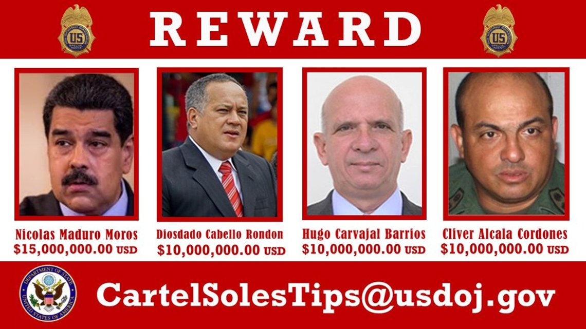 USAs offisielle plakat som utlover dusør for Venezuelas lederskap, alle anklaget for narkotika-terrorisme. Foto: US DOJ USAs offisielle plakat som utlover dusør for Venezuelas lederskap, alle anklaget for narkotika-terrorisme. Foto: US DOJ