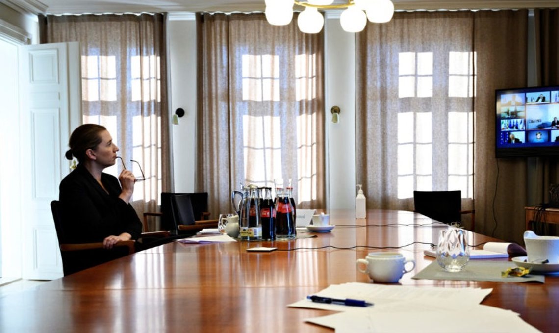 Danish Prime Minister Mette Frederiksen looks at a screen at an E.U. summit via video conference from her official residence Marienborg outside Copenhagen, Denmark March 26, 2020. Ritzau Scanpix/Philip Davali via REUTERS Danish Prime Minister Mette Frederiksen looks at a screen at an E.U. summit via video conference from her official residence Marienborg outside Copenhagen, Denmark March 26, 2020. Ritzau Scanpix/Philip Davali via REUTERS