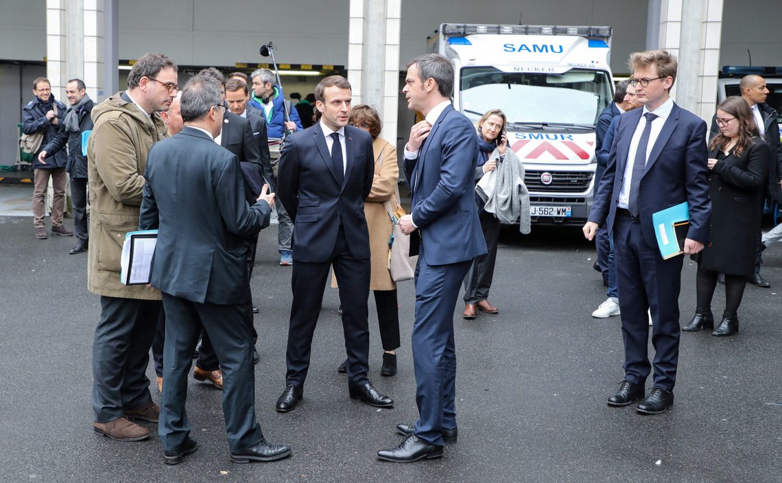 French President Emmanuel Macron speaks with French Health and Solidarity Minister Olivier Veran after a visit at the SAMU-SMUR call centre at the Necker Hospital, focused on COVID-19 coronavirus outbreak, in Paris, France, March 10, 2020. Ludovic Marin/Pool via REUTERS French President Emmanuel Macron speaks with French Health and Solidarity Minister Olivier Veran after a visit at the SAMU-SMUR call centre at the Necker Hospital, focused on COVID-19 coronavirus outbreak, in Paris, France, March 10, 2020. Ludovic Marin/Pool via REUTERS