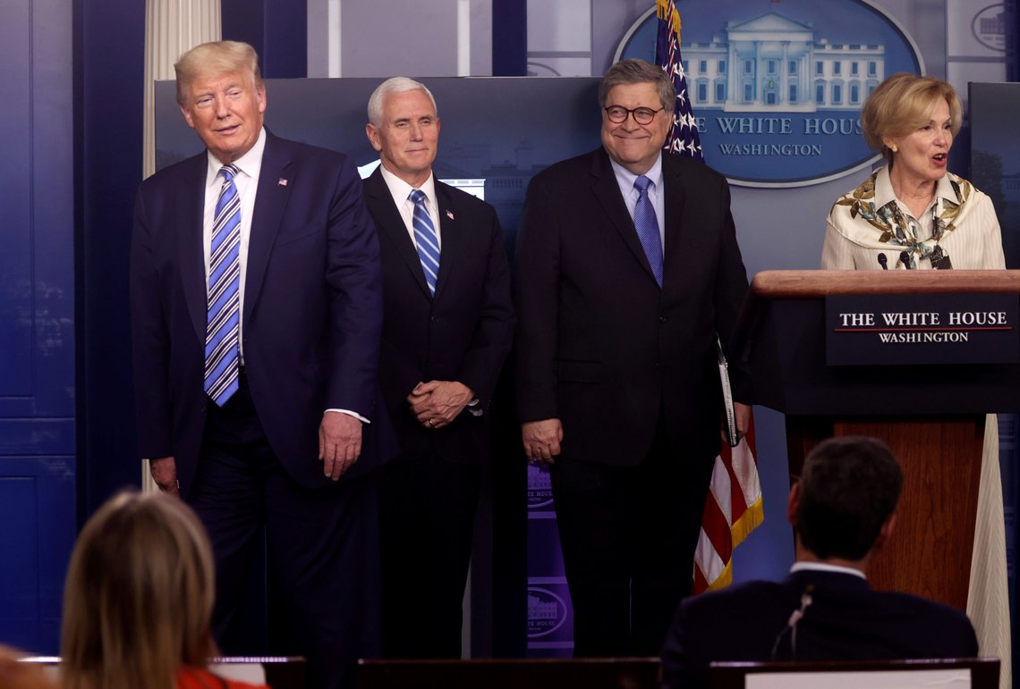 U.S. President Donald Trump quickly moves away from Ambassador Debbie Birx, the White House coronavirus response coordinator, as Vice President Mike Pence and Attorney General William Barr look on, after she said that she was recently suffered from a low grade fever as she addressed the coronavirus response daily briefing at the White House in Washington, U.S., March 23, 2020. REUTERS/Jonathan Ernst U.S. President Donald Trump quickly moves away from Ambassador Debbie Birx, the White House coronavirus response coordinator, as Vice President Mike Pence and Attorney General William Barr look on, after she said that she was recently suffered from a low grade fever as she addressed the coronavirus response daily briefing at the White House in Washington, U.S., March 23, 2020. REUTERS/Jonathan Ernst