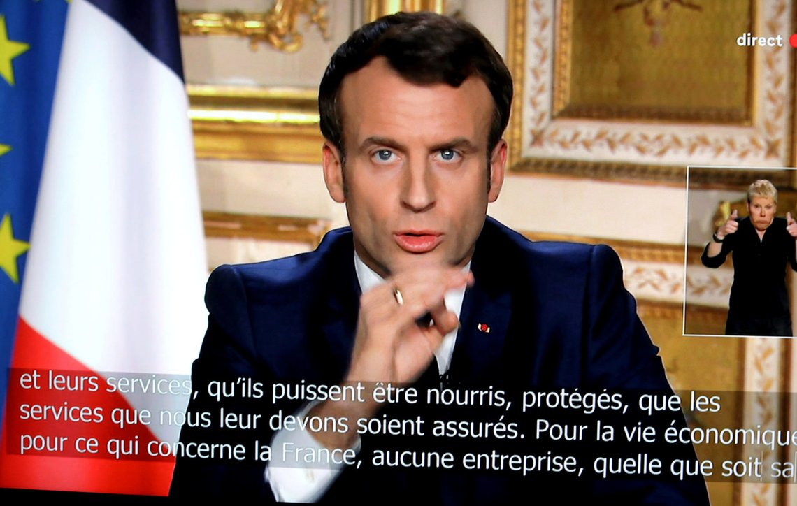 French President Emmanuel Macron is seen addresses the nation about the coronavirus disease (COVID-19) outbreak, on a mobile screen in this illustration picture taken March 16, 2020. REUTERS/Eric Gaillard/Illustration French President Emmanuel Macron is seen addresses the nation about the coronavirus disease (COVID-19) outbreak, on a mobile screen in this illustration picture taken March 16, 2020. REUTERS/Eric Gaillard/Illustration