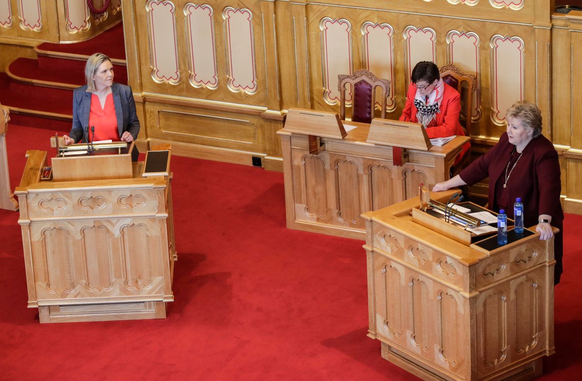 OSLO 20200311.
Statsminister Erna Solberg (H) i muntlig spørretime på Stortinget. Sylvi Listhaug (Frp) stiller spørsmål til statsministeren.
Foto: Vidar Ruud / NTB scanpix OSLO 20200311.
Statsminister Erna Solberg (H) i muntlig spørretime på Stortinget. Sylvi Listhaug (Frp) stiller spørsmål til statsministeren.
Foto: Vidar Ruud / NTB scanpix