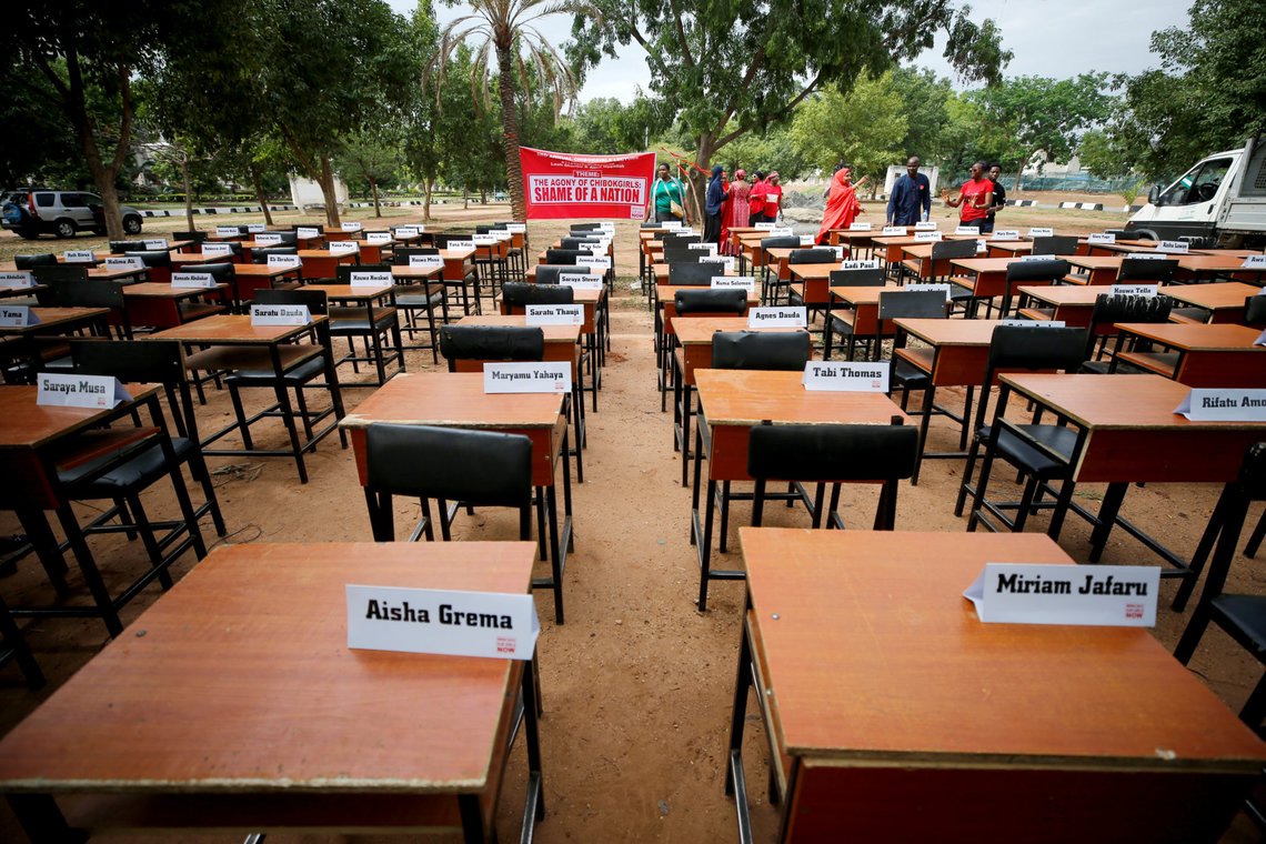 Names of missing Chibok school girls kidnapped by Boko Haram insurgency five years ago are displayed during the 5th year anniversary of their abduction, in Abuja, Nigeria April 14, 2019. REUTERS/Afolabi Sotunde Names of missing Chibok school girls kidnapped by Boko Haram insurgency five years ago are displayed during the 5th year anniversary of their abduction, in Abuja, Nigeria April 14, 2019. REUTERS/Afolabi Sotunde