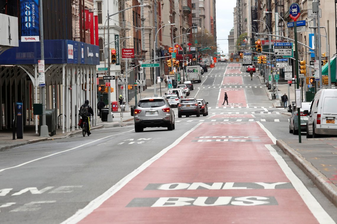 A pedestrian crosses Broadway as the spread of the coronavirus disease (COVID-19) outbreak continues in the Manhattan borough of New York City, U.S., April 27, 2020. REUTERS/Lucas Jackson A pedestrian crosses Broadway as the spread of the coronavirus disease (COVID-19) outbreak continues in the Manhattan borough of New York City, U.S., April 27, 2020. REUTERS/Lucas Jackson