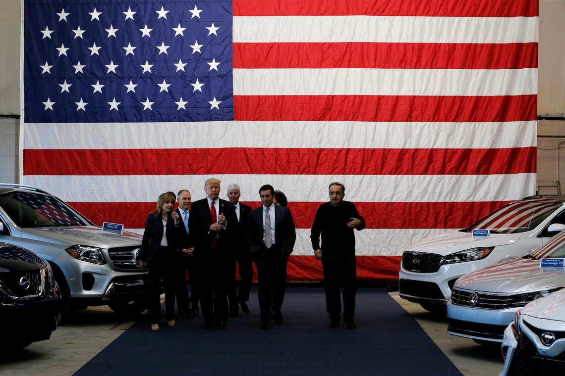 U.S. President Donald Trump tours new cars with auto industry leaders, including General Motors CEO Mary Barra (L), at the American Center for Mobility, a test facility for driverless car technology for American Manufactured Vehicles in Ypsilanti Township, Michigan, U.S. March 15, 2017. REUTERS/Jonathan Ernst U.S. President Donald Trump tours new cars with auto industry leaders, including General Motors CEO Mary Barra (L), at the American Center for Mobility, a test facility for driverless car technology for American Manufactured Vehicles in Ypsilanti Township, Michigan, U.S. March 15, 2017. REUTERS/Jonathan Ernst