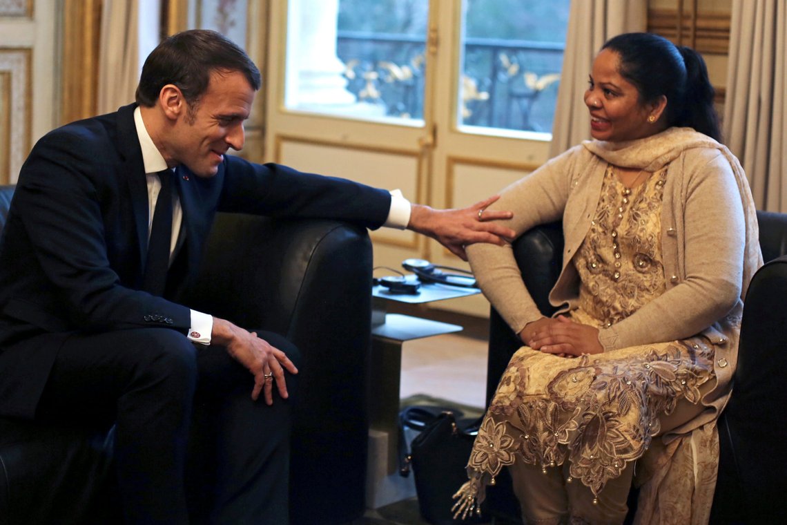 Asia Bibi, a Pakistani Christian woman, who was acquitted of blasphemy in Pakistan, meets French President Emmanuel Macron at the Elysee Palace in Paris, France February 28, 2020. Rafael Yaghobzadeh/Pool via REUTERS TPX IMAGES OF THE DAY Asia Bibi, a Pakistani Christian woman, who was acquitted of blasphemy in Pakistan, meets French President Emmanuel Macron at the Elysee Palace in Paris, France February 28, 2020. Rafael Yaghobzadeh/Pool via REUTERS TPX IMAGES OF THE DAY