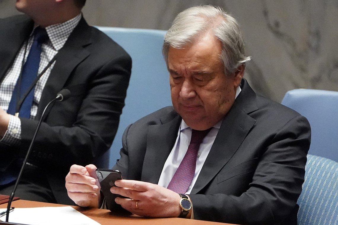 Secretary General of the United Nations Antonio Guterres looks at his phone before a Security Council meeting about the situation in Syria at United Nations Headquarters in the Manhattan borough of New York City, New York, U.S., February 28, 2020. REUTERS/Carlo Allegri Secretary General of the United Nations Antonio Guterres looks at his phone before a Security Council meeting about the situation in Syria at United Nations Headquarters in the Manhattan borough of New York City, New York, U.S., February 28, 2020. REUTERS/Carlo Allegri