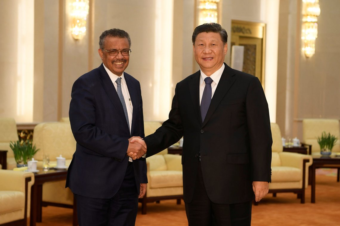Tedros Adhanom, director general of the World Health Organization, shakes hands with Chinese President Xi jinping before a meeting at the Great Hall of the People in Beijing, China, January 28, 2020. Naohiko Hatta/Pool via REUTERS Tedros Adhanom, director general of the World Health Organization, shakes hands with Chinese President Xi jinping before a meeting at the Great Hall of the People in Beijing, China, January 28, 2020. Naohiko Hatta/Pool via REUTERS