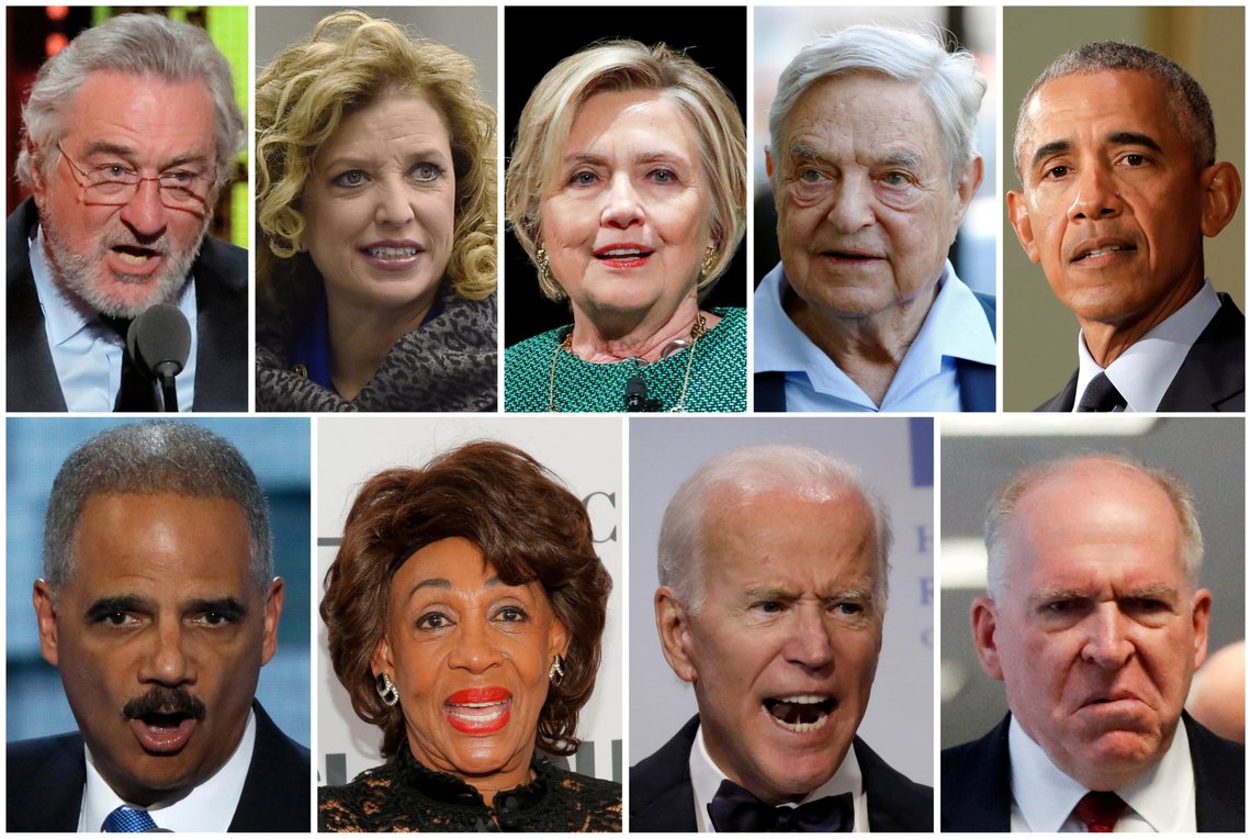(Top L-R) Actor Robert De Niro, U.S. Representative Debbie Wasserman Schultz, former Democratic presidential candidate Hillary Clinton, Democratic Party donor George Soros and former U.S. President Barack Obama, (Bottom L-R) former U.S. Attorney General Eric Holder, U.S. Congresswoman Maxine Waters, former U.S. Vice President Joe Biden and former CIA director John Brennan are pictured in a combination photograph from Reuters file photos. REUTERS/File Photos (Top L-R) Actor Robert De Niro, U.S. Representative Debbie Wasserman Schultz, former Democratic presidential candidate Hillary Clinton, Democratic Party donor George Soros and former U.S. President Barack Obama, (Bottom L-R) former U.S. Attorney General Eric Holder, U.S. Congresswoman Maxine Waters, former U.S. Vice President Joe Biden and former CIA director John Brennan are pictured in a combination photograph from Reuters file photos. REUTERS/File Photos