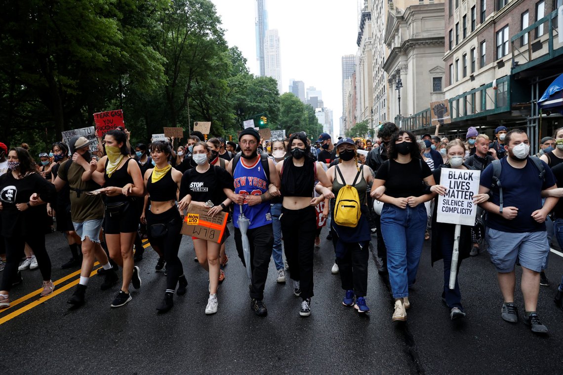 Demonstrators march on Central Park West during a protest against the death in Minneapolis police custody of George Floyd, in the Manhattan borough of New York City, New York, U.S., June 5, 2020. REUTERS/Mike Segar Demonstrators march on Central Park West during a protest against the death in Minneapolis police custody of George Floyd, in the Manhattan borough of New York City, New York, U.S., June 5, 2020. REUTERS/Mike Segar