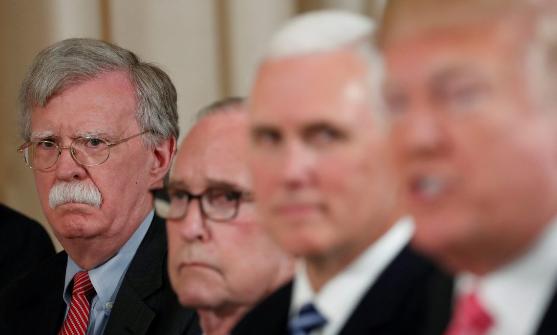 FILE PHOTO: U.S. President Donald Trump (R) speaks while seated with national security adviser John Bolton (L), White House economic adviser Larry Kudlow (2nd L) and Vice President Mike Pence (2nd R), while hosting a working luncheon with Japan’s Prime Minister Shinzo Abe at Trump’s Mar-a-Lago estate in Palm Beach, Florida U.S., April 18, 2018. REUTERS/Kevin Lamarque/File Photo FILE PHOTO: U.S. President Donald Trump (R) speaks while seated with national security adviser John Bolton (L), White House economic adviser Larry Kudlow (2nd L) and Vice President Mike Pence (2nd R), while hosting a working luncheon with Japan’s Prime Minister Shinzo Abe at Trump’s Mar-a-Lago estate in Palm Beach, Florida U.S., April 18, 2018. REUTERS/Kevin Lamarque/File Photo