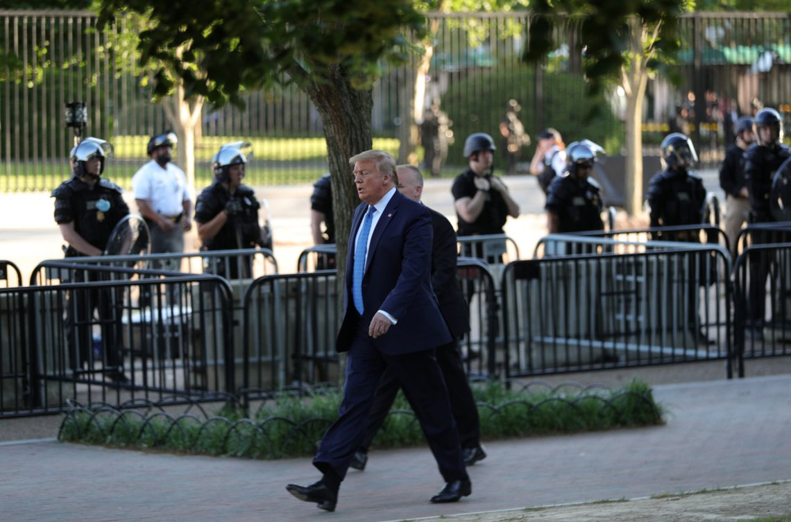 U.S. President Donald Trump walks through Lafayette Park to visit St. John's Episcopal Church across from the White House during ongoing protests over racial inequality in the wake of the death of George Floyd while in Minneapolis police custody, in the Rose Garden at the White House in Washington, U.S., June 1, 2020. REUTERS/Tom Brenner U.S. President Donald Trump walks through Lafayette Park to visit St. John's Episcopal Church across from the White House during ongoing protests over racial inequality in the wake of the death of George Floyd while in Minneapolis police custody, in the Rose Garden at the White House in Washington, U.S., June 1, 2020. REUTERS/Tom Brenner