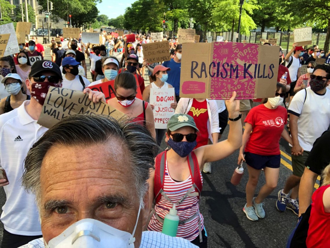 U.S. Senator Mitt Romney (R-UT) marches during a protest against racial inequality in the aftermath of the death in Minneapolis police custody of George Floyd, in Washington, U.S., June 7, 2020. Mitt Romney/Social Media via REUTERS. THIS IMAGE HAS BEEN SUPPLIED BY A THIRD PARTY. U.S. Senator Mitt Romney (R-UT) marches during a protest against racial inequality in the aftermath of the death in Minneapolis police custody of George Floyd, in Washington, U.S., June 7, 2020. Mitt Romney/Social Media via REUTERS. THIS IMAGE HAS BEEN SUPPLIED BY A THIRD PARTY.