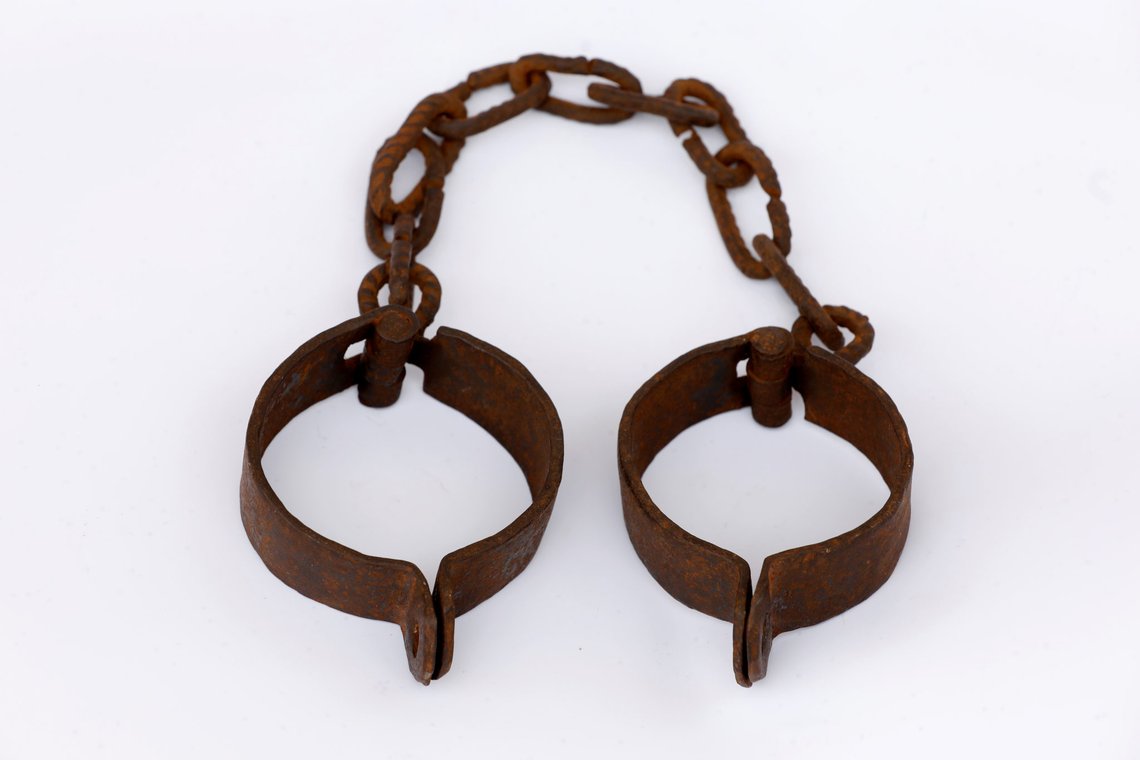 An undated set of slave hand restraints is displayed as part of the collection at the Seriki Abass museum in Badagry, Nigeria June 22, 2019. August 2019 marks 400 years since the slave trade to North America began. Picture taken June 22, 2019. REUTERS/Afolabi Sotunde NO RESALES NO ARCHIVES An undated set of slave hand restraints is displayed as part of the collection at the Seriki Abass museum in Badagry, Nigeria June 22, 2019. August 2019 marks 400 years since the slave trade to North America began. Picture taken June 22, 2019. REUTERS/Afolabi Sotunde NO RESALES NO ARCHIVES