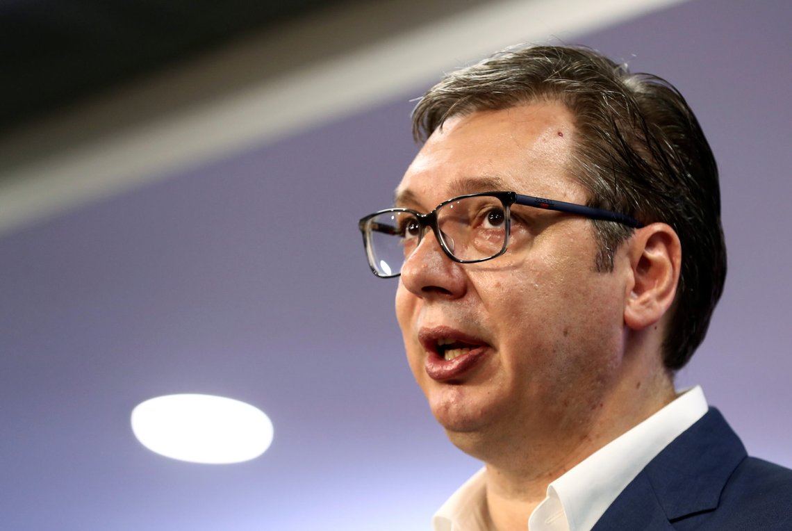 Serbian President Aleksandar Vucic speaks at Serbian Progressive Party (SNS) headquarters during a national election, the first in Europe since lockdown due to the coronavirus disease (COVID-19) outbreak, in Belgrade, Serbia, June 21, 2020. REUTERS/Marko Djurica Serbian President Aleksandar Vucic speaks at Serbian Progressive Party (SNS) headquarters during a national election, the first in Europe since lockdown due to the coronavirus disease (COVID-19) outbreak, in Belgrade, Serbia, June 21, 2020. REUTERS/Marko Djurica
