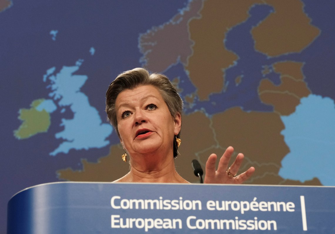 European Commissioner for Home Affairs Ylva Johansson gives an online news conference on the lifting of restrictions at borders related to the outbreak of the coronavirus disease (COVID-19), in Brussels, Belgium, June 11, 2020. Olivier Hoslet/Pool via REUTERS European Commissioner for Home Affairs Ylva Johansson gives an online news conference on the lifting of restrictions at borders related to the outbreak of the coronavirus disease (COVID-19), in Brussels, Belgium, June 11, 2020. Olivier Hoslet/Pool via REUTERS