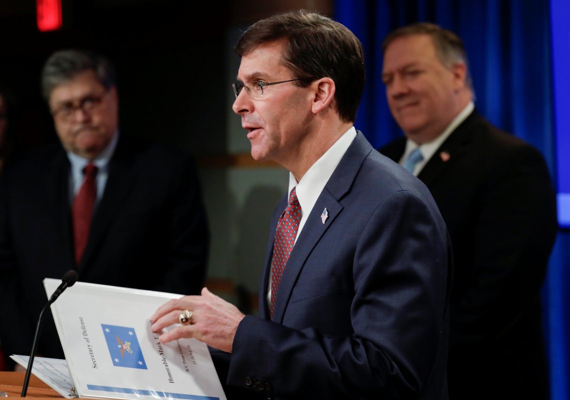 U.S. Defense Secretary Mark Esper concludes his statement as he participates in a joint briefing with Attorney General William Barr and Secretary of State Mike Pompeo about an executive order from U.S. President Donald Trump on the International Criminal Court at the State Department in Washington, U.S., June 11, 2020. REUTERS/Yuri Gripas/Pool U.S. Defense Secretary Mark Esper concludes his statement as he participates in a joint briefing with Attorney General William Barr and Secretary of State Mike Pompeo about an executive order from U.S. President Donald Trump on the International Criminal Court at the State Department in Washington, U.S., June 11, 2020. REUTERS/Yuri Gripas/Pool