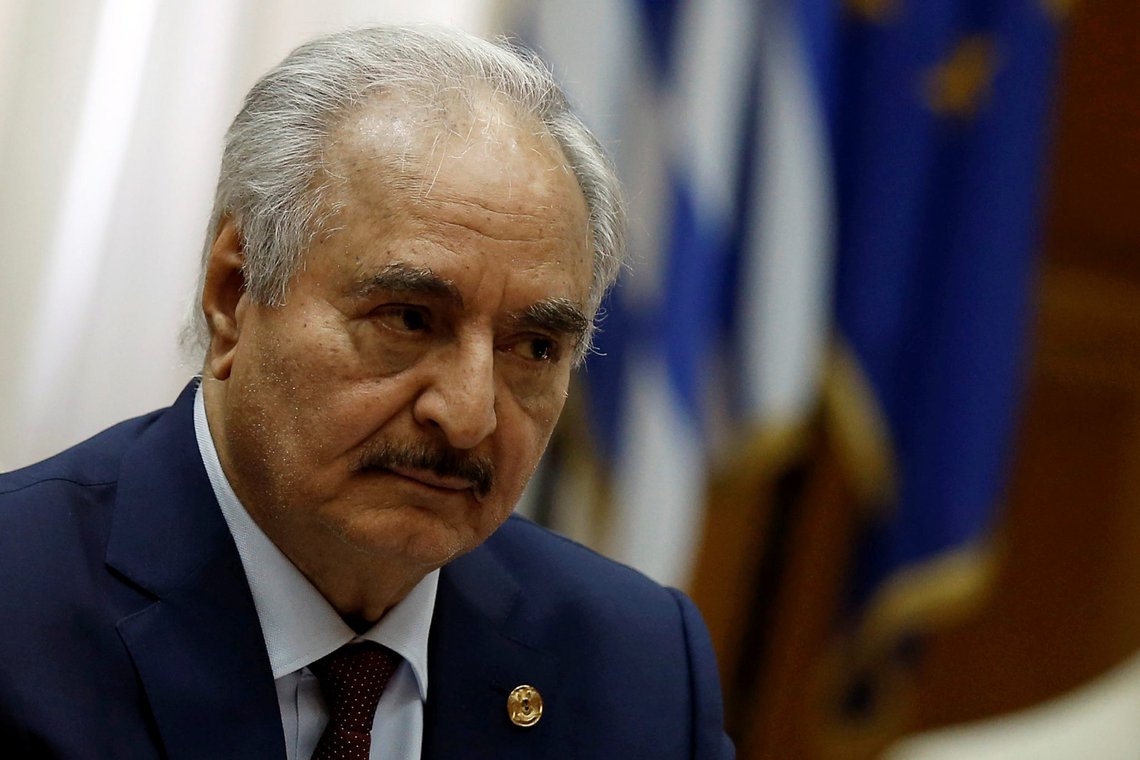 Libyan commander Khalifa Haftar meets Greek Prime Minister Kyriakos Mitsotakis (not pictured) at the Parliament in Athens, Greece, January 17, 2020. REUTERS/Costas Baltas Libyan commander Khalifa Haftar meets Greek Prime Minister Kyriakos Mitsotakis (not pictured) at the Parliament in Athens, Greece, January 17, 2020. REUTERS/Costas Baltas