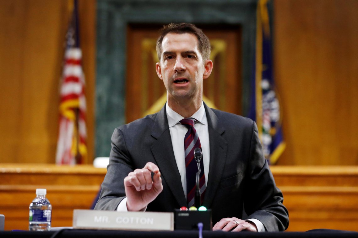 U.S. Sen. Tom Cotton (R-AR) speaks during a Senate Intelligence Committee nomination hearing for Rep. John Ratcliffe (R-TX), on Capitol Hill in Washington, U.S., May 5, 2020. Andrew Harnik/Pool via REUTERS U.S. Sen. Tom Cotton (R-AR) speaks during a Senate Intelligence Committee nomination hearing for Rep. John Ratcliffe (R-TX), on Capitol Hill in Washington, U.S., May 5, 2020. Andrew Harnik/Pool via REUTERS