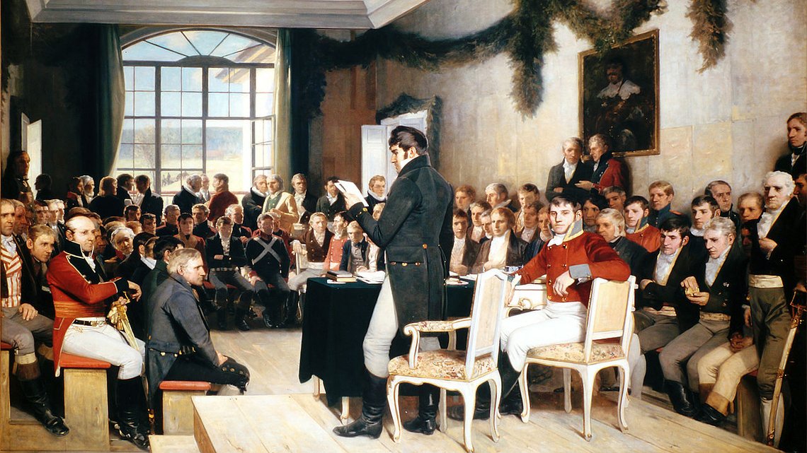Oscar Wergelands (1844–1910) maleri «Riksforsamlingen på Eidsvoll 1814», som henger i Stortinget. Foto: Stortingsarkivet / Wikimedia. Oscar Wergelands (1844–1910) maleri «Riksforsamlingen på Eidsvoll 1814», som henger i Stortinget. Foto: Stortingsarkivet / Wikimedia.