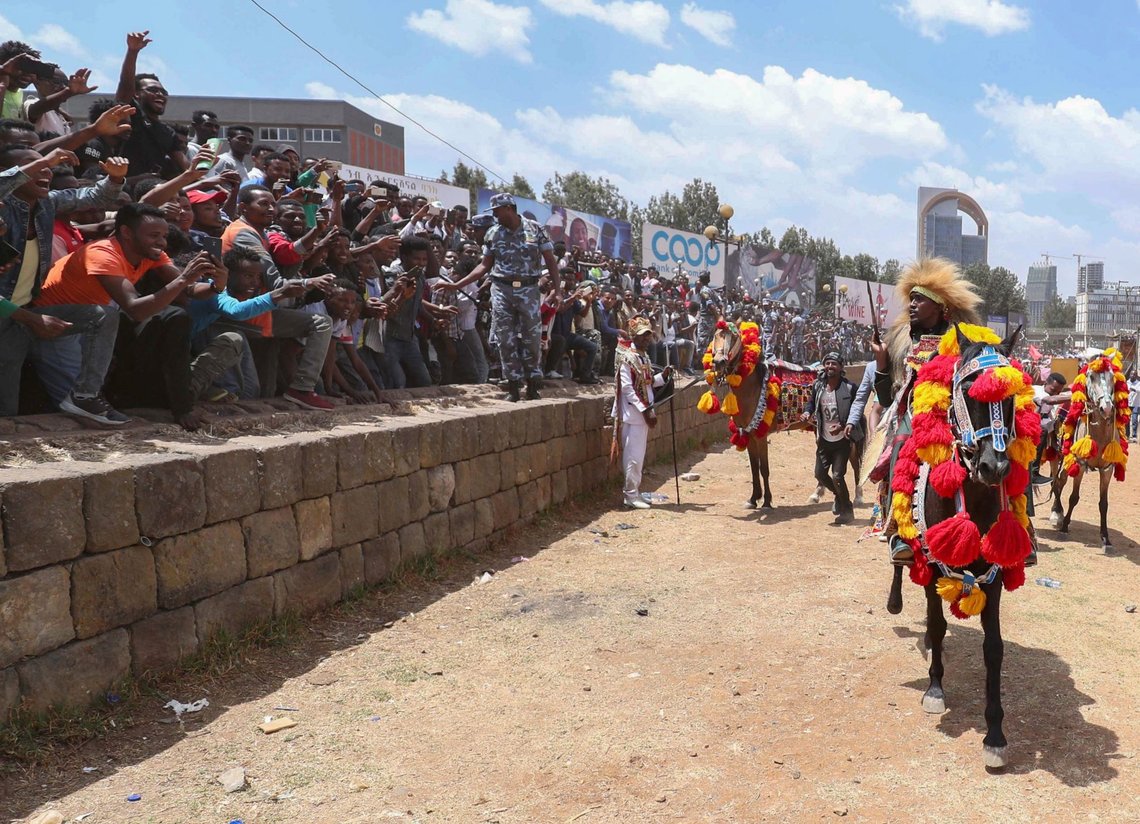 Ethiopian Oromo musician Haacaaluu Hundeessaa rides a horse in traditional costume during the 123rd anniversary celebration of the battle of Adwa where the Ethiopian forces defeated the invading Italian forces, in Addis Ababa, Ethiopia, March 2, 2019. Picture taken March 2, 2019. REUTERS/Tiksa Negeri Ethiopian Oromo musician Haacaaluu Hundeessaa rides a horse in traditional costume during the 123rd anniversary celebration of the battle of Adwa where the Ethiopian forces defeated the invading Italian forces, in Addis Ababa, Ethiopia, March 2, 2019. Picture taken March 2, 2019. REUTERS/Tiksa Negeri