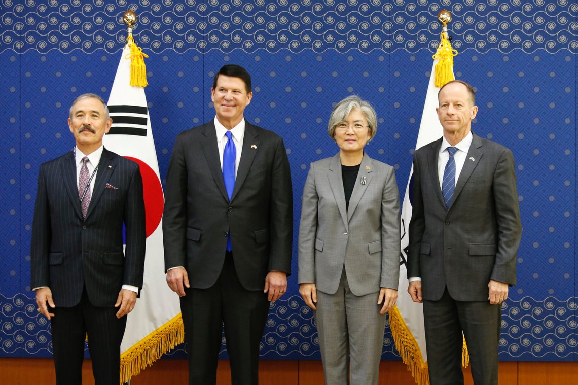 US Ambassador to Seoul Harry Harris, Keith Krach, under secretary for economic growth, energy and environment, David Stilwell, U.S. Assistant Secretary for East Asian and Pacific Affairs, and South Korea's Foreign Minister Kang Kyung-wha pose for photographs during their meeting at the Foreign Ministry in Seoul, South Korea, November 6, 2019. REUTERS/Heo Ran/Pool US Ambassador to Seoul Harry Harris, Keith Krach, under secretary for economic growth, energy and environment, David Stilwell, U.S. Assistant Secretary for East Asian and Pacific Affairs, and South Korea's Foreign Minister Kang Kyung-wha pose for photographs during their meeting at the Foreign Ministry in Seoul, South Korea, November 6, 2019. REUTERS/Heo Ran/Pool