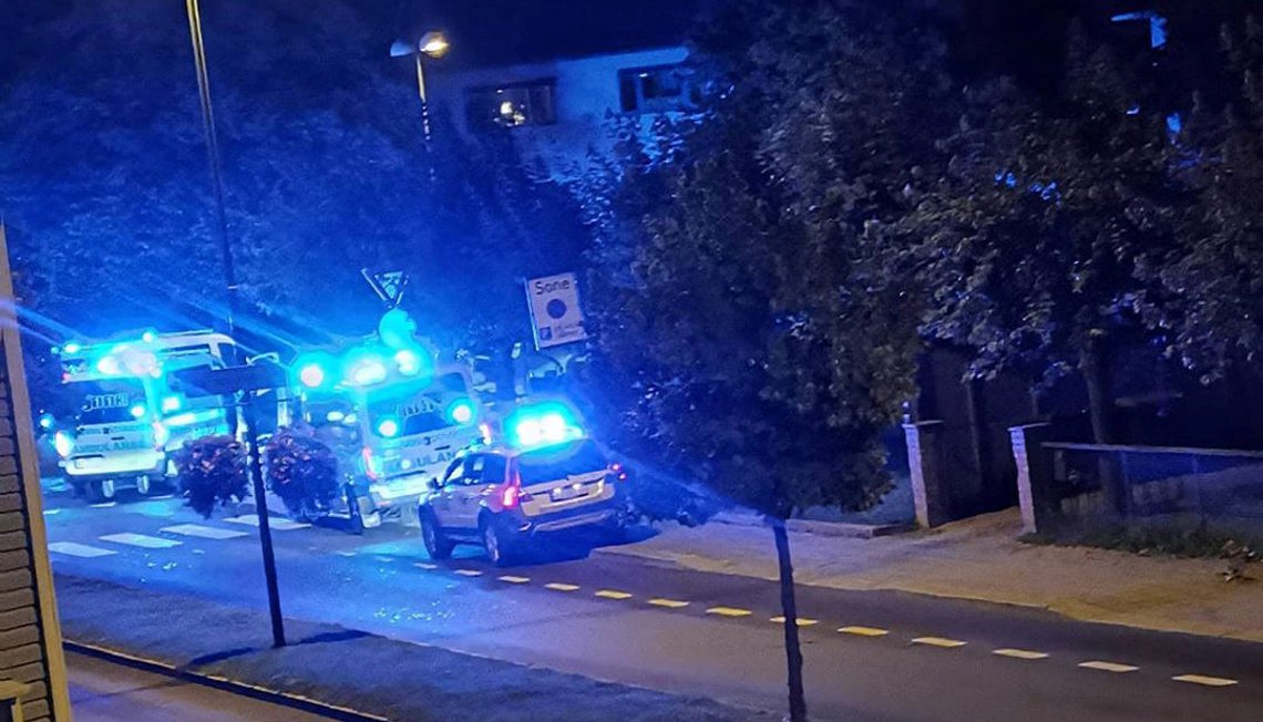 Police and emergency services are parked at the side of the road after people were stabbed in several locations in Sarpsborg, Norway, late July 14, 2020, in this picture obtained from social media. Picture taken July 14, 2020. Mandatory credit Bekka/via REUTERS ATTENTION EDITORS - THIS IMAGE HAS BEEN SUPPLIED BY A THIRD PARTY. MANDATORY CREDIT. NO RESALES. NO ARCHIVES. Police and emergency services are parked at the side of the road after people were stabbed in several locations in Sarpsborg, Norway, late July 14, 2020, in this picture obtained from social media. Picture taken July 14, 2020. Mandatory credit Bekka/via REUTERS ATTENTION EDITORS - THIS IMAGE HAS BEEN SUPPLIED BY A THIRD PARTY. MANDATORY CREDIT. NO RESALES. NO ARCHIVES.
