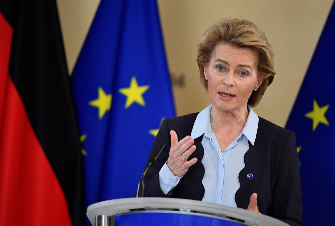 President of the European Commission Ursula von der Leyen addresses a joint news conference with German Chancellor Angela Merkel on the start of the German Presidency by video conference at the EU Headquarters in Brussels, Belgium July 2, 2020. John Thys/Pool via REUTERS President of the European Commission Ursula von der Leyen addresses a joint news conference with German Chancellor Angela Merkel on the start of the German Presidency by video conference at the EU Headquarters in Brussels, Belgium July 2, 2020. John Thys/Pool via REUTERS
