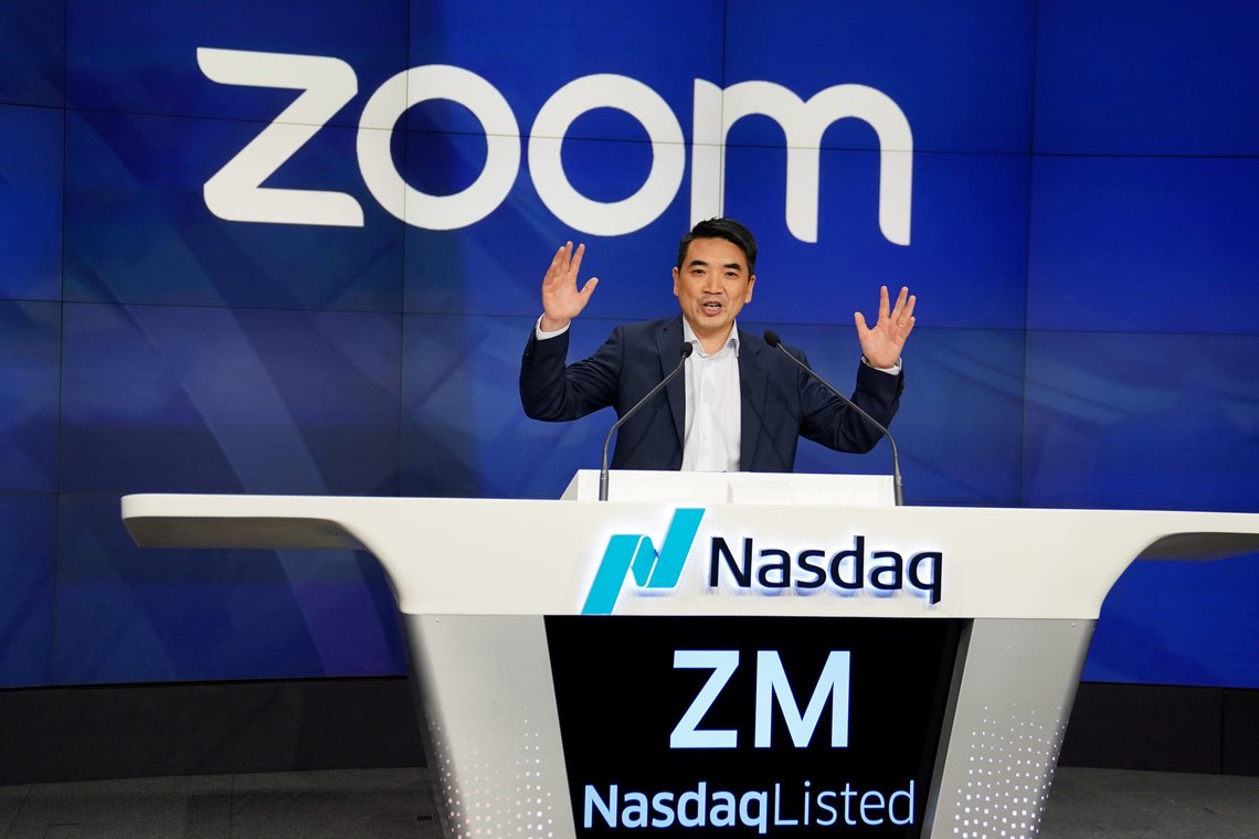 FILE PHOTO: Eric Yuan, CEO of Zoom Video Communications takes part in a bell ringing ceremony at the NASDAQ MarketSite in New York, New York, U.S., April 18, 2019. REUTERS/Carlo Allegri/File Photo FILE PHOTO: Eric Yuan, CEO of Zoom Video Communications takes part in a bell ringing ceremony at the NASDAQ MarketSite in New York, New York, U.S., April 18, 2019. REUTERS/Carlo Allegri/File Photo