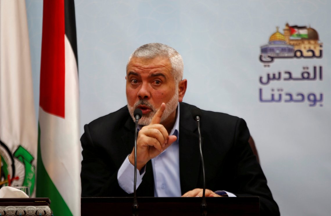 FILE PHOTO: Hamas Chief Ismail Haniyeh gestures as he delivers a speech in Gaza City January 23, 2018. REUTERS/Mohammed Salem/File Photo FILE PHOTO: Hamas Chief Ismail Haniyeh gestures as he delivers a speech in Gaza City January 23, 2018. REUTERS/Mohammed Salem/File Photo